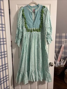 Women’s Elizabeth Wilson Light Blue & Green Tassel-Trimmed Cotton Dress